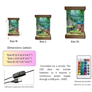 May include: Three rectangular LED dioramas with wooden bases and tops, featuring forest scenes with small figures. Sizes M, L, and XL are shown with dimensions in cm. Includes a USB power cable with an on/off switch and a remote controller.