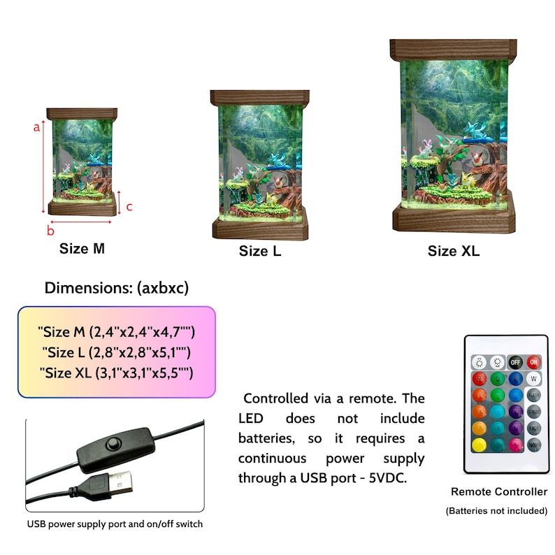 May include: Three rectangular LED dioramas with wooden bases and tops, featuring forest scenes with small figures. Sizes M, L, and XL are shown with dimensions in cm. Includes a USB power cable with an on/off switch and a remote controller.