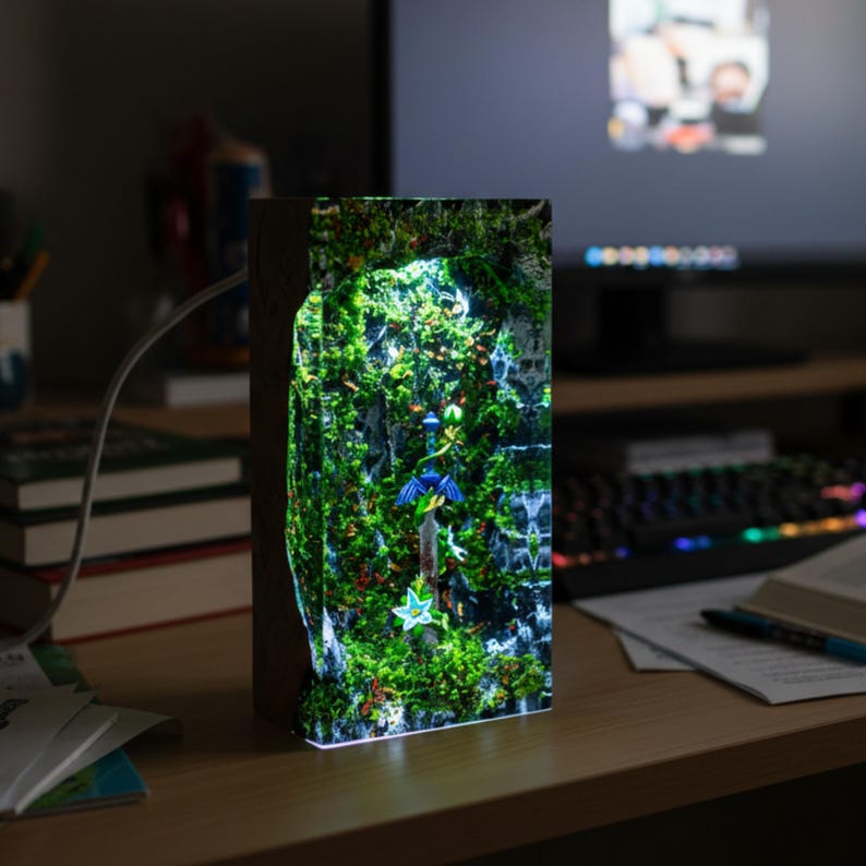 May include: A rectangular resin and wood lamp featuring an illuminated diorama of a sword embedded in a mossy, green forest landscape. The internal scene includes a blue-hilted sword with wings and a small white flower, all glowing with light.
