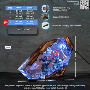 May include: A decorative resin lamp featuring a superhero theme. The lamp has a wooden-like border and a clear, angled body with a superhero figure inside. The size M is 3.9 inches (10 cm) high and 6.1 inches (15.5 cm) wide. Includes a USB Type C charging cord.
