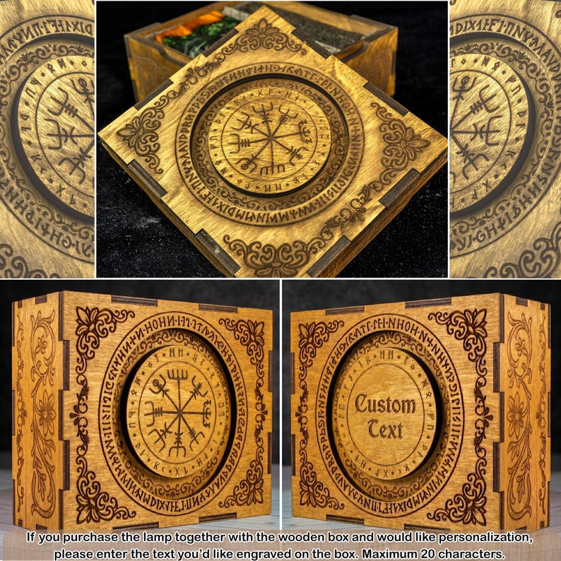 May include: A square wooden box featuring intricate laser-engraved designs on its lid and sides. The lid displays a circular Vegvisir symbol surrounded by runic text. The side panels show floral patterns and a central circular emblem with Custom Text.