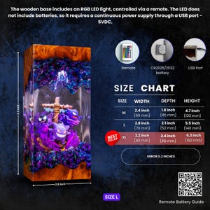 May include: A rectangular wooden base lamp featuring a Gengar character figure encased in clear resin with purple and blue accents. The lamp includes an RGB LED light, a remote control, and a USB port. A size chart displays dimensions in centimetres.