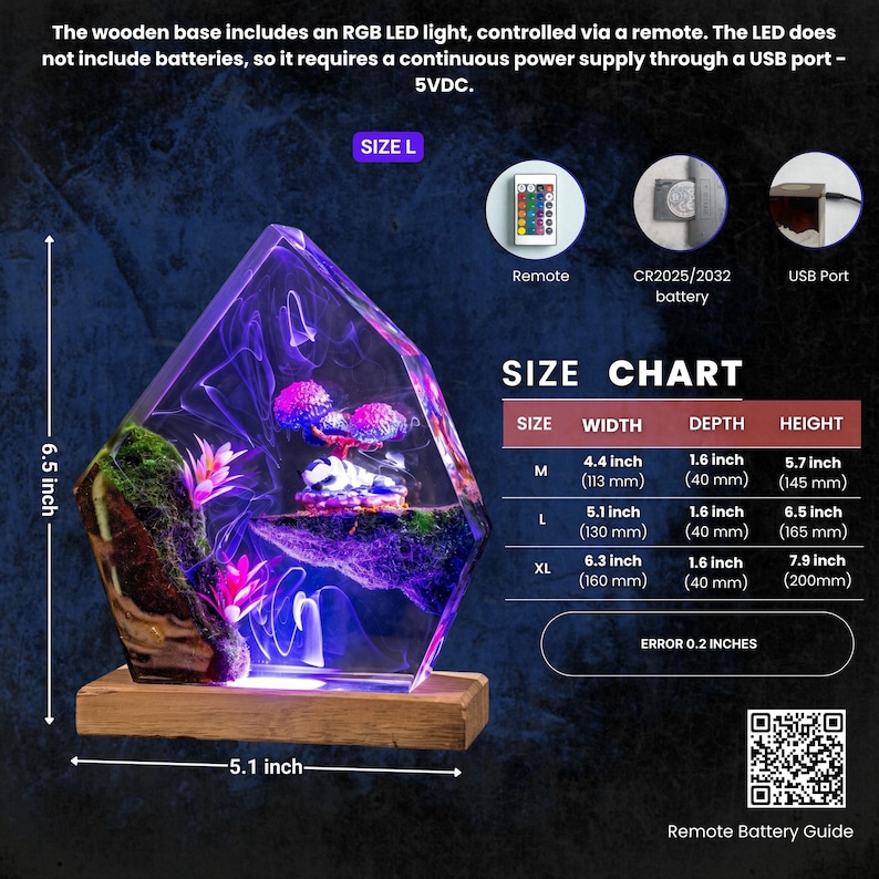 May include: A resin lamp with a wooden base, featuring a miniature landscape with moss, pink plants, and glowing purple mushrooms. It includes an RGB LED light, a remote, and a USB port. The size L model measures 5.1 inches wide and 6.5 inches high.