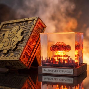 May include: A square resin block containing a miniature city and a glowing orange mushroom cloud, set on a wooden base with a metal plaque reading WAR NEVER CHANGES. Beside it sits a wooden box featuring a carved figure with a thumbs-up gesture.