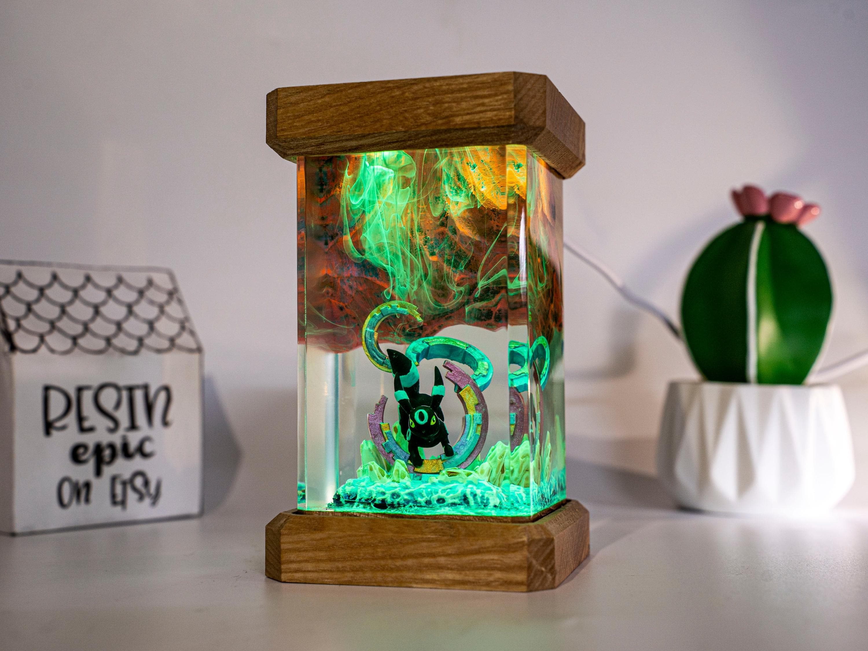 Pokemon epoxy wood lamp, Espeon umbreon resin lamp, pokemon gift, pokemon figure, gift for mom, resin night light
