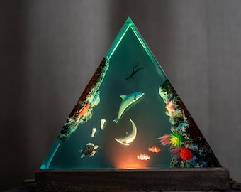 Dolphins Resin Night Light- Sea Creatures, Unique Gift for Ocean Lovers, Handmade Ocean Decor