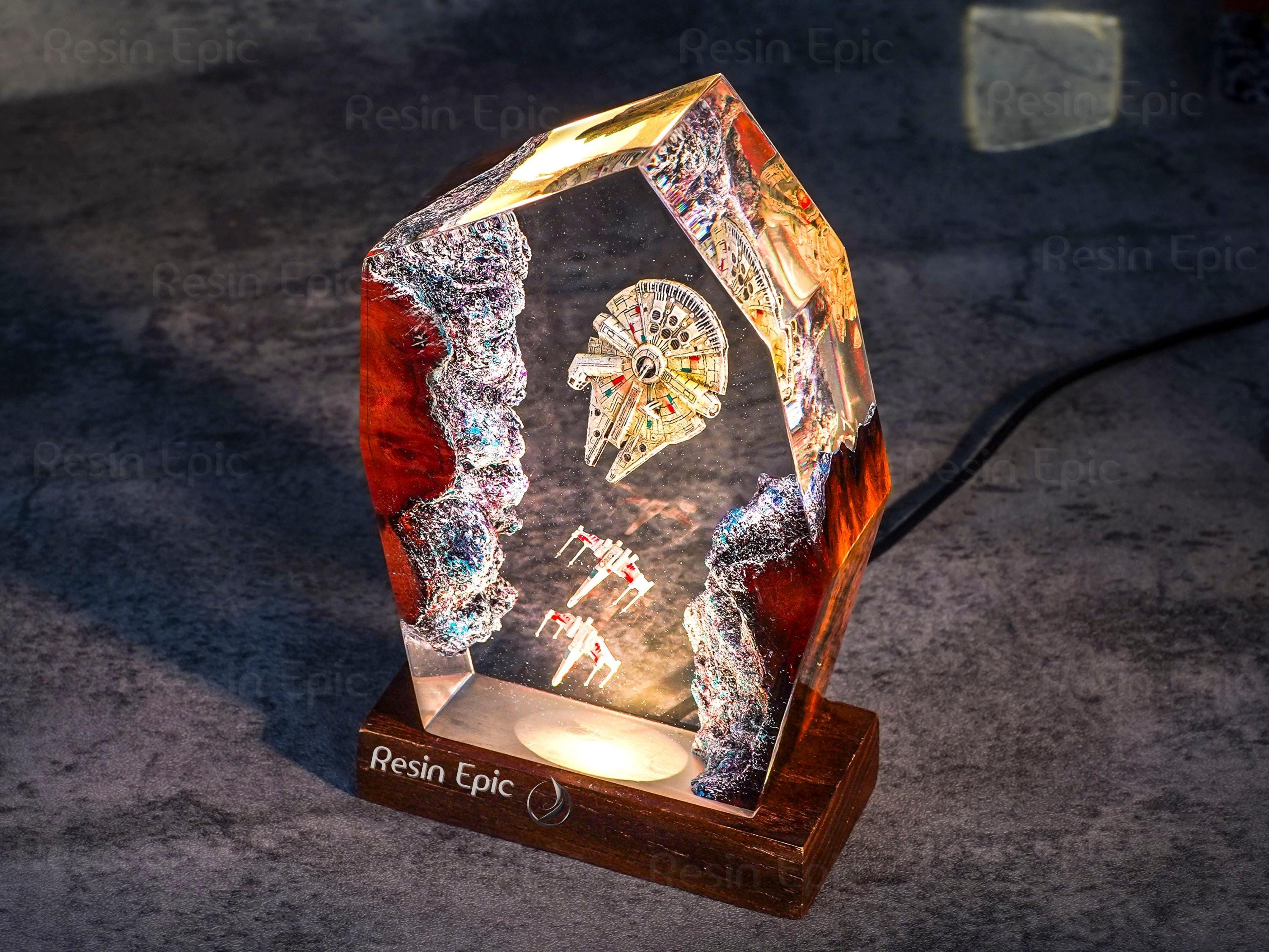 il_fullxfull.6407242942_7o85 Millennium Falcon resin night light - desk lamp, gift for him, resin wood lamp, Space ship statue for gaming decor, star war gift for him