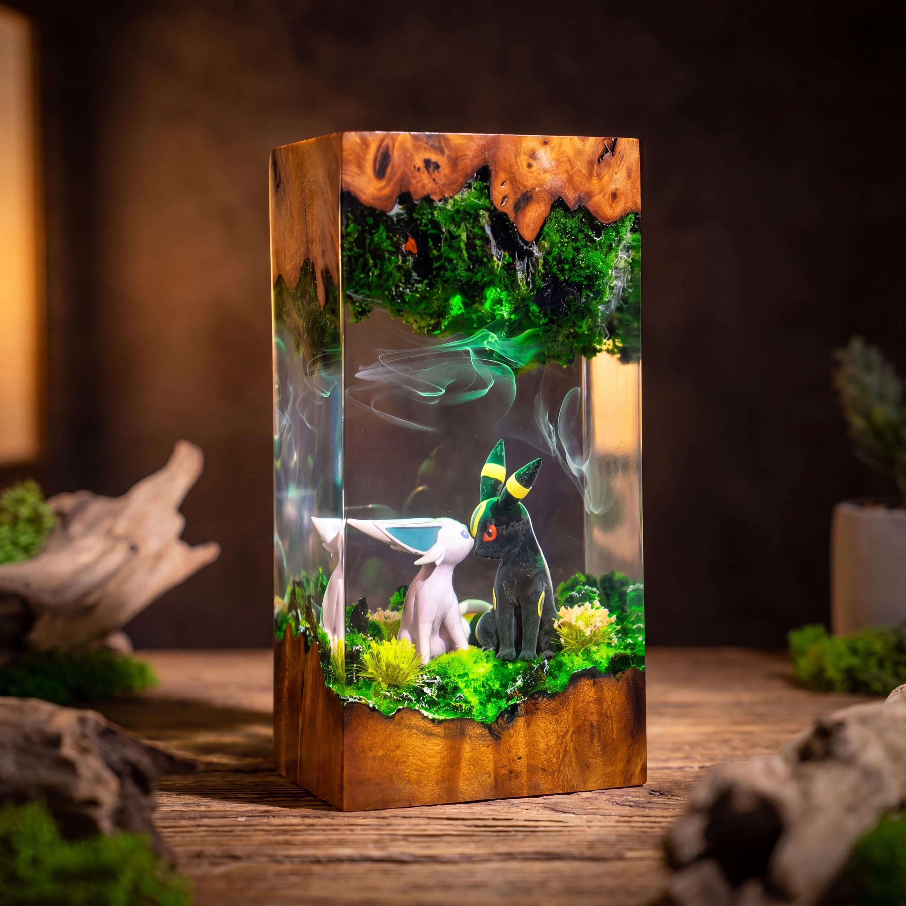 Pokemon epoxy wood lamp, Espeon umbreon resin lamp, pokemon gift, pokemon figure, gift for mom, resin night light
