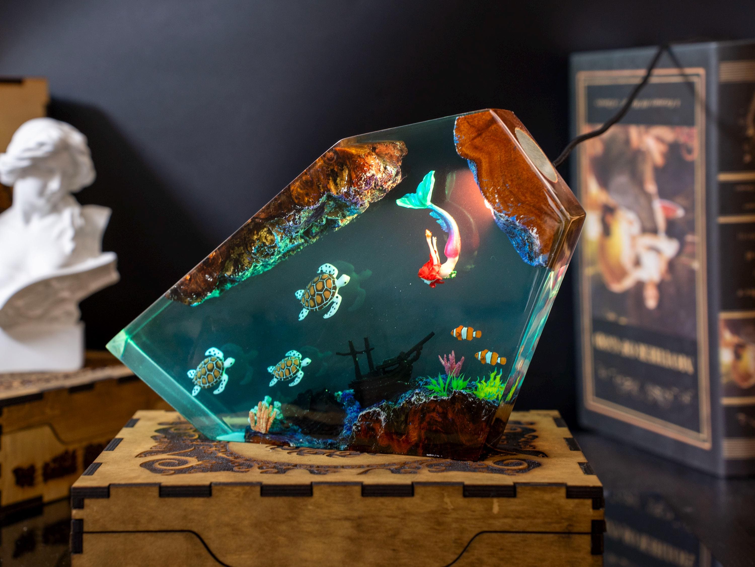 Turtle and Mermaid Resin night lights - Furniture and decor, resin lamp, gift for kid, Gift for mom, christmas gift