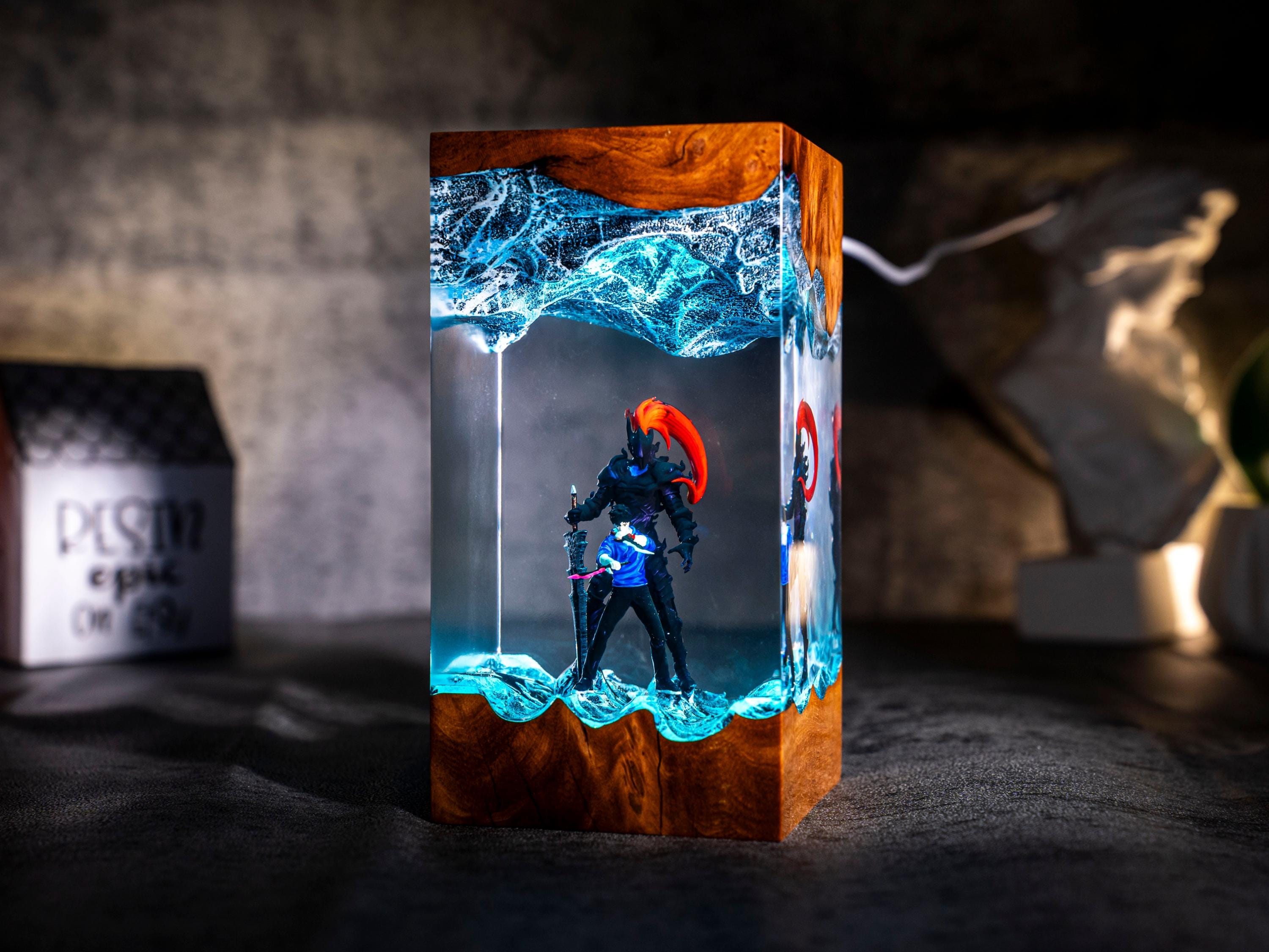 Mythical Shadow Warrior Resin Night Light, Custom Fantasy Duo Epoxy Lamp, Gaming Room Decor, Halloween lamp,