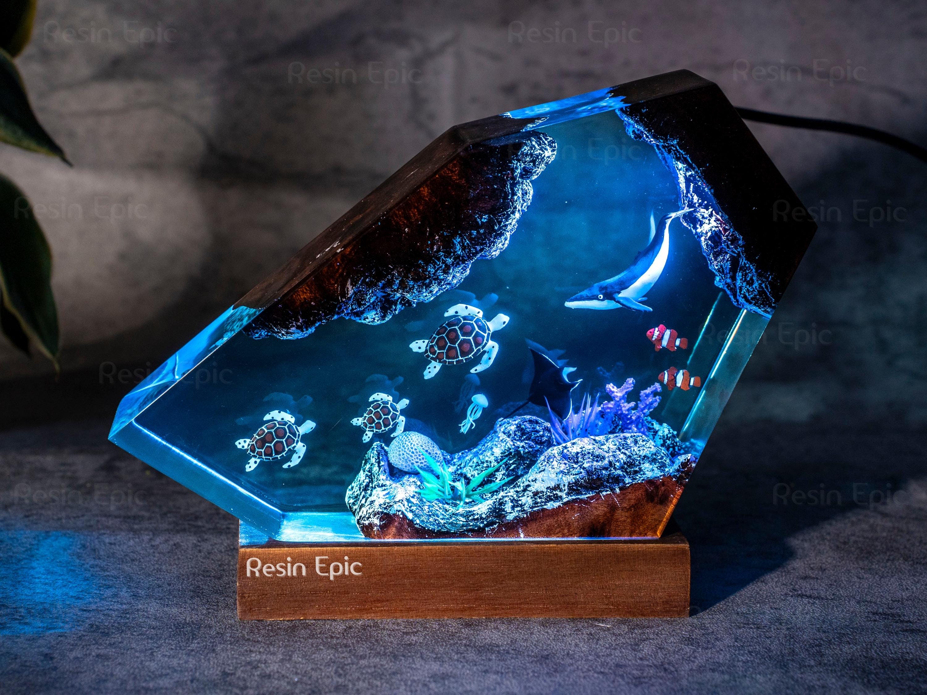 Humpback Whale Resin Ocean Lamp with Sea Turtles – Handmade Night Light with Coral Reef,  Manta Rays – Coastal Decor Gift for Ocean Lovers