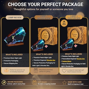 May include: A comparison chart titled CHOOSE YOUR PERFECT PACKAGE showing three options for a resin night light featuring a character casting a green light. Options include the light alone, the light with a wooden box, or with a custom engraved box.