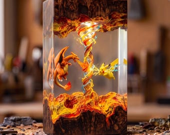 Lámpara de resina de Charizard y Pikachu, luz nocturna de Pokémon de fuego y eléctrica, decoración de anime hecha a mano, regalo para fans de Pokémon, lámpara de coleccionista de Pokémon