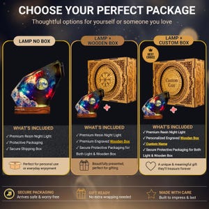 Może przedstawiać: Tabela por&oacute;wnawcza produkt&oacute;w zatytułowana CHOOSE YOUR PERFECT PACKAGE przedstawiająca trzy opcje lampki nocnej z żywicy. Opcje obejmują samą lampkę, lampkę z drewnianym pudełkiem lub lampkę z personalizowanym grawerowanym pudełkiem.
