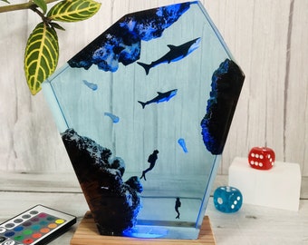 Mother and baby Sharks, Divers and Jellyfishes, Epoxy Night Lights, Lighting Home Decor, Ocean Resin Lamp, Wooden Table, Birthday Gifts