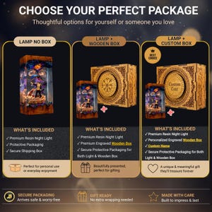 May include: A product comparison chart titled CHOOSE YOUR PERFECT PACKAGE showing three options for a resin night light: LAMP NO BOX, LAMP + WOODEN BOX, and LAMP + CUSTOM BOX. Each option displays the light and box contents with text lists.