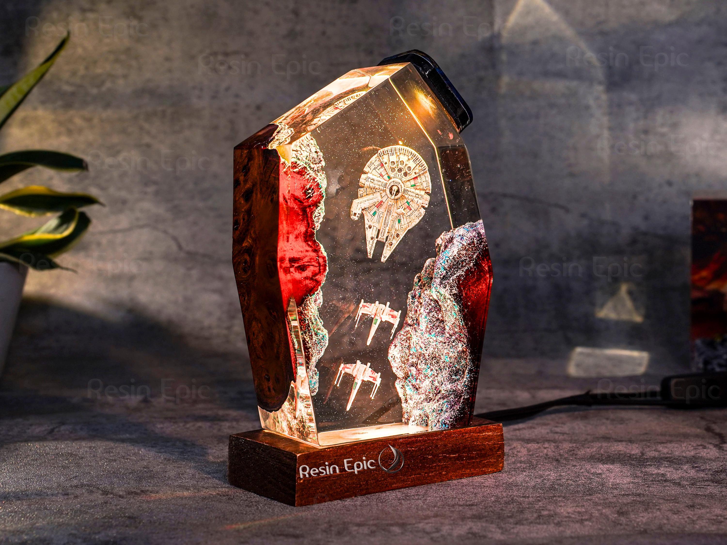 Millennium Falcon resin night light - desk lamp, gift for him, resin wood lamp, Space ship statue for gaming decor, star war gift for him