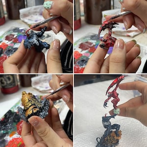 May include: A series of four images showing the process of painting miniature figurines. The figurines are being painted with various colors, including red, black, gold, and blue. The artist is using a small brush to apply the paint.