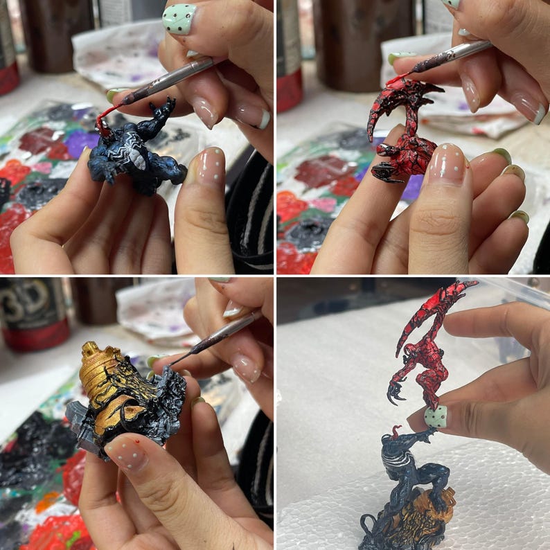 May include: A series of four images showing the process of painting miniature figurines. The figurines are being painted with various colors, including red, black, gold, and blue. The artist is using a small brush to apply the paint.