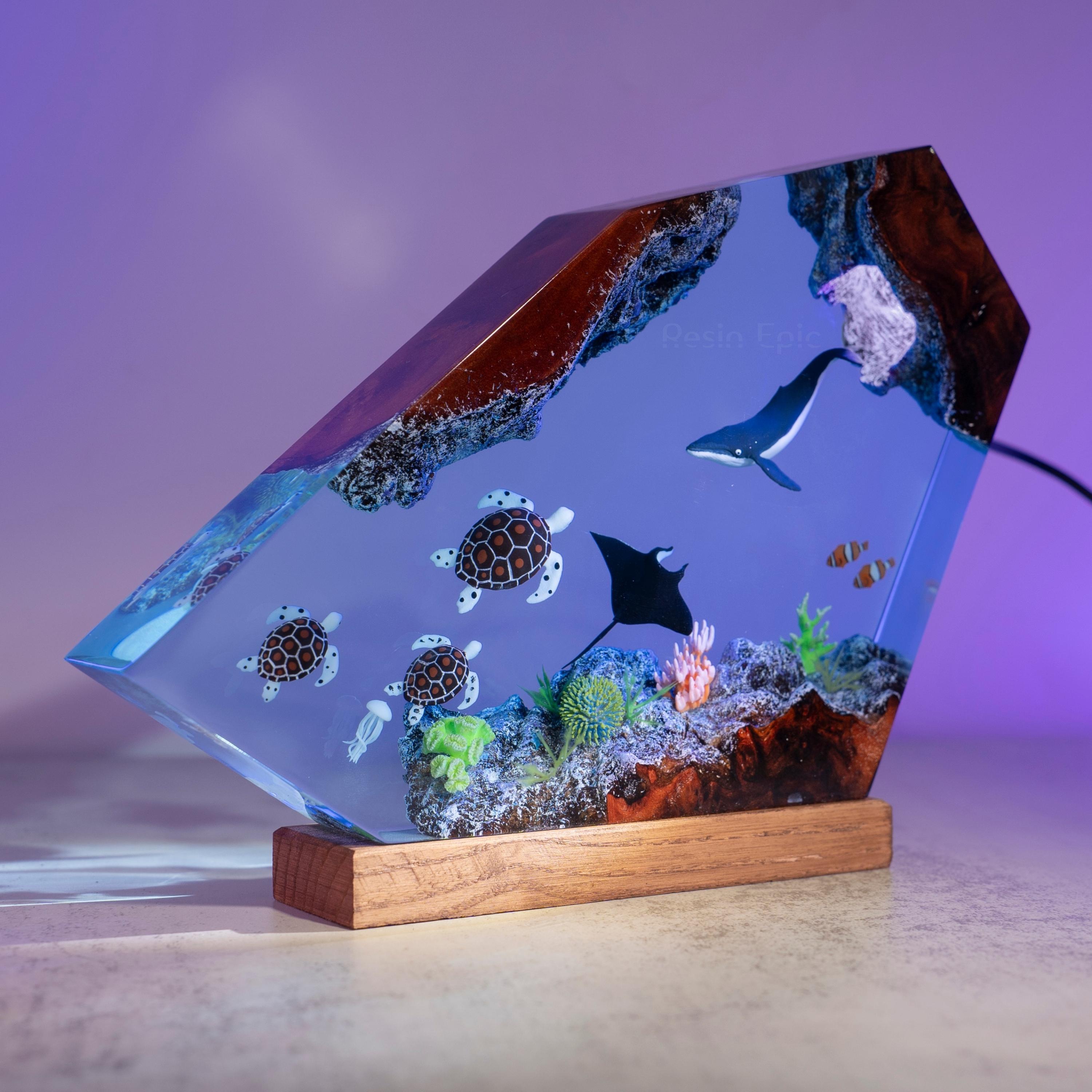 Humpback Whale Resin Ocean Lamp with Sea Turtles – Handmade Night Light with Coral Reef,  Manta Rays – Coastal Decor Gift for Ocean Lovers