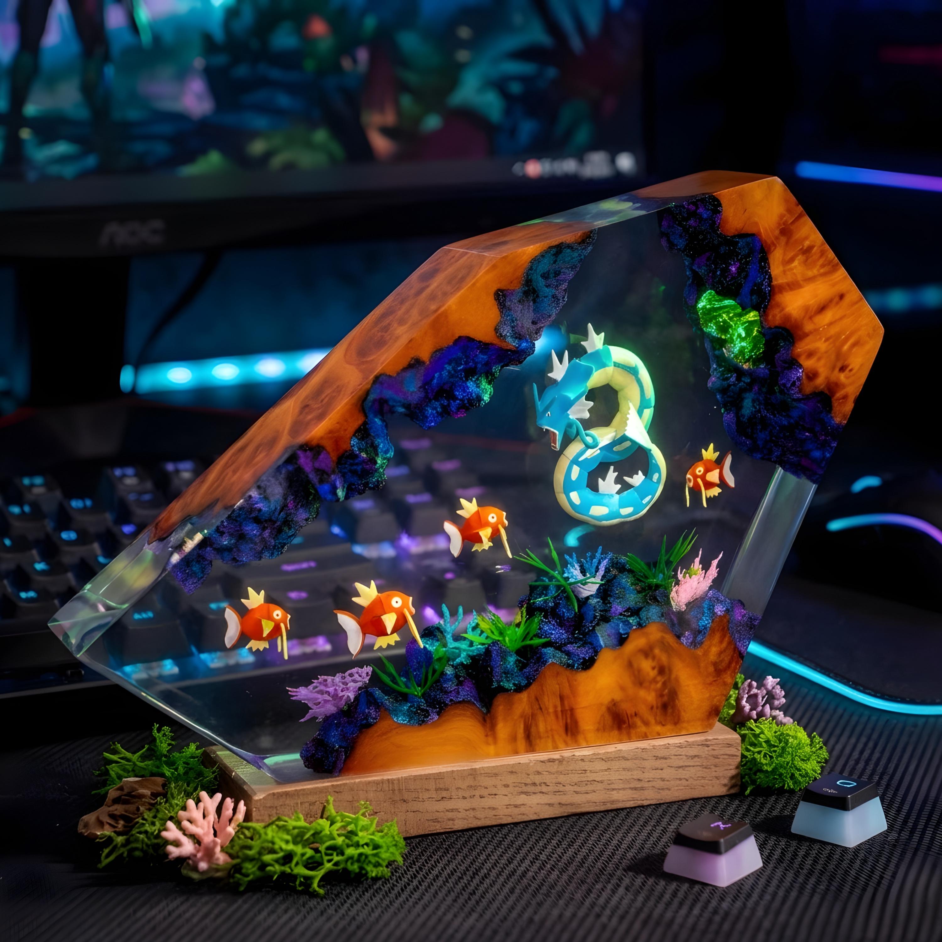 Magikarp Gyarados Evolution Resin Lamp, Pokemon Night Light, gift for kids, Handmade Epoxy Diorama Fantasy gifts, mothet's day