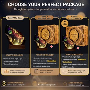 Może przedstawiać: Tabela por&oacute;wnawcza produkt&oacute;w zatytułowana CHOOSE YOUR PERFECT PACKAGE przedstawiająca trzy opcje lampki nocnej z żywicy z motywem kosmicznym z astronautami i planetami. Opcje obejmują samą lampkę, z drewnianym pudełkiem lub z pudełkiem personalizowanym.