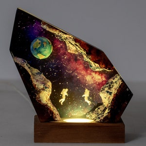 Space Astronaut Epoxy Lamp - Cosmic Wood Night Light | Personalized Gift for Him, Kids | Unique Housewarming & Christmas Present