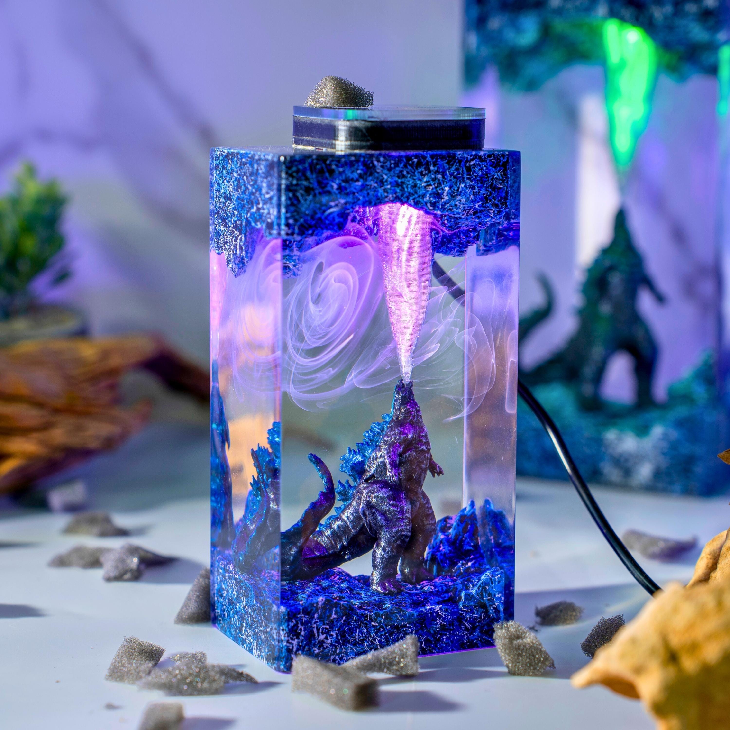 カスタムモンスターナイトライト、手作りジオラマランプ、ゴジラ木箱