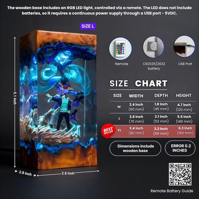 May include: A rectangular wooden base with a resin sculpture, featuring a figure in a dynamic pose, illuminated by blue LED lights. The dimensions are 2.8 inches wide, 2.1 inches deep, and 5.5 inches high. Includes a remote control.