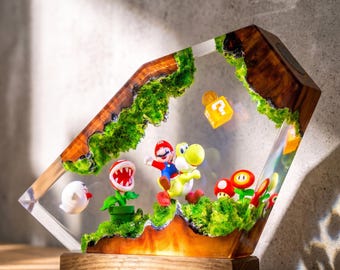 Lámpara de resina de Super Mario, luz nocturna de Mario y Yoshi, decoración de juegos de Nintendo, lámpara de epoxi hecha a mano, regalo de Mario Bros, decoración para sala de juegos.