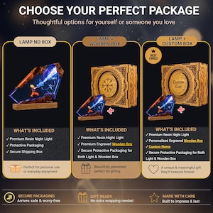 May include: A product comparison chart titled CHOOSE YOUR PERFECT PACKAGE showing three options for a resin night light featuring a character figure. Options include the lamp alone, the lamp with a wooden box, or the lamp with a custom engraved wooden box.