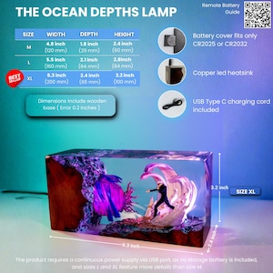 May include: The Ocean Depths Lamp, a rectangular resin lamp with a wooden base. The lamp features a miniature diver figure and aquatic elements. The XL size is 6.3 inches wide, 2.4 inches deep, and 3.2 inches high.