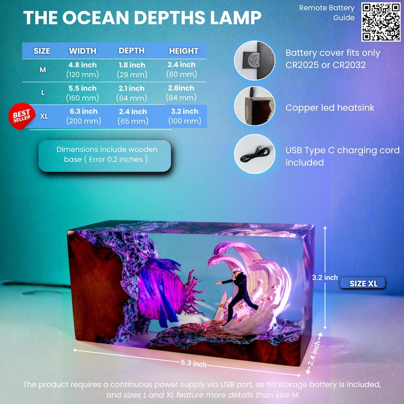 May include: The Ocean Depths Lamp, a rectangular resin lamp with a wooden base. The lamp features a miniature diver figure and aquatic elements. The XL size is 6.3 inches wide, 2.4 inches deep, and 3.2 inches high.