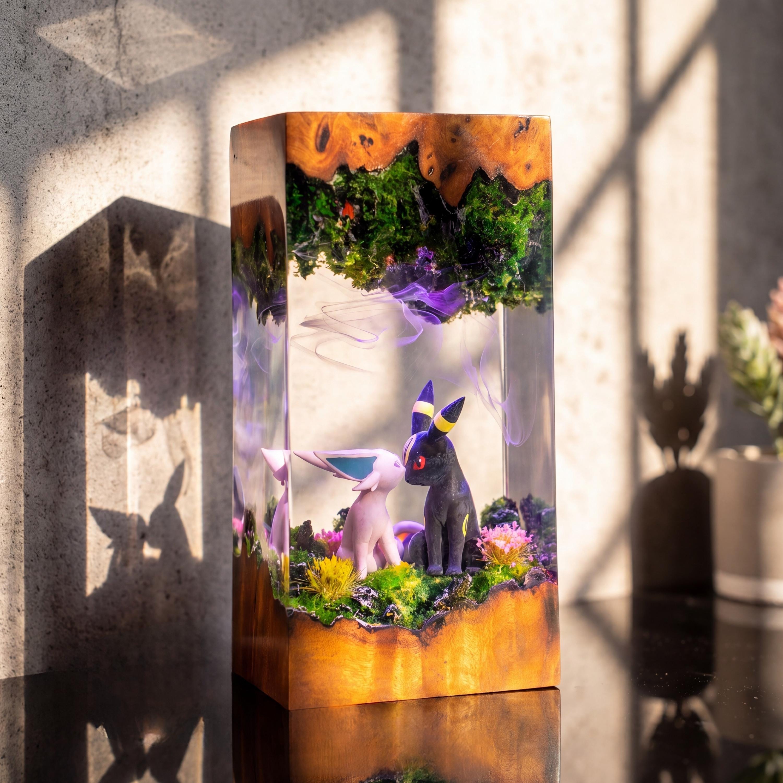 Pokemon epoxy wood lamp, Espeon umbreon resin lamp, pokemon gift, pokemon figure, gift for mom, resin night light