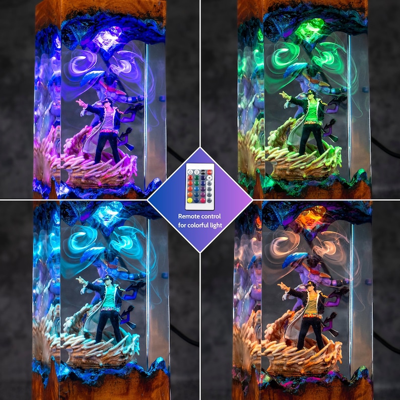 May include: A rectangular resin and wood lamp containing a dynamic anime character figurine. The lamp features internal LED lighting that changes colors, including blue, green, cyan, and orange. A remote control is included for color adjustments.