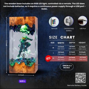 May include: A rectangular wooden base with a resin sculpture of a green figure, illuminated by an RGB LED light. The dimensions are 2.8 inches wide, 5.5 inches high, and the size is labeled as "L". Includes a remote control and USB port.