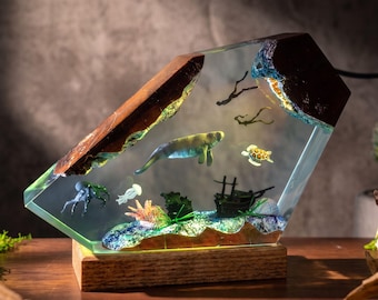 Manatee Resin Lamp, Sea Cow Ocean Night Light, Sea Turtle & Diver Ocean Scene, Marine Life Night Light, christmas gift ideas