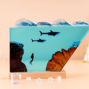 Resin Shark Lamp, Epoxy and Wooden Night Lights, Lighting Home Decor, Ocean Resin Lamp, gift for mom