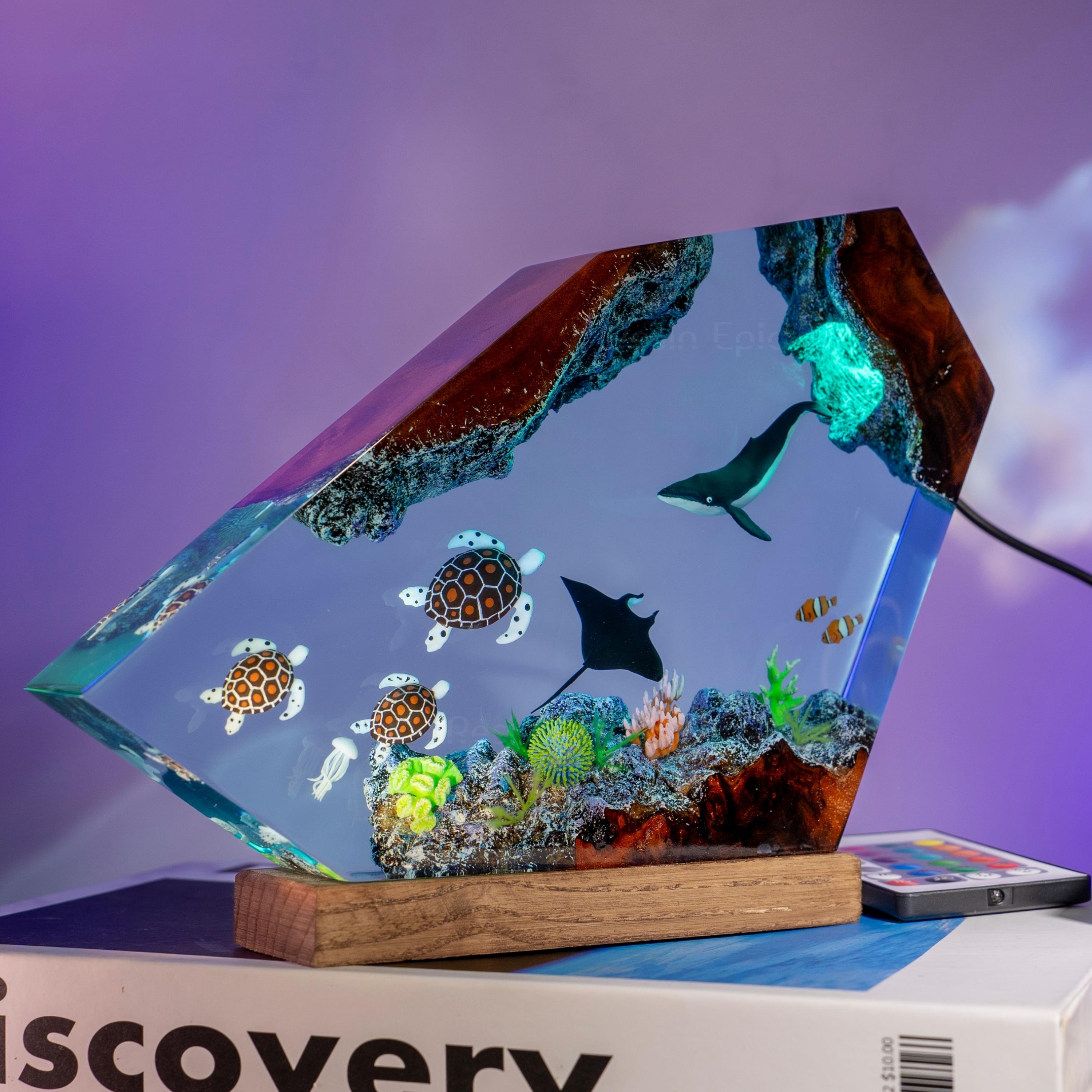 Humpback Whale Resin Ocean Lamp with Sea Turtles – Handmade Night Light with Coral Reef,  Manta Rays – Coastal Decor Gift for Ocean Lovers