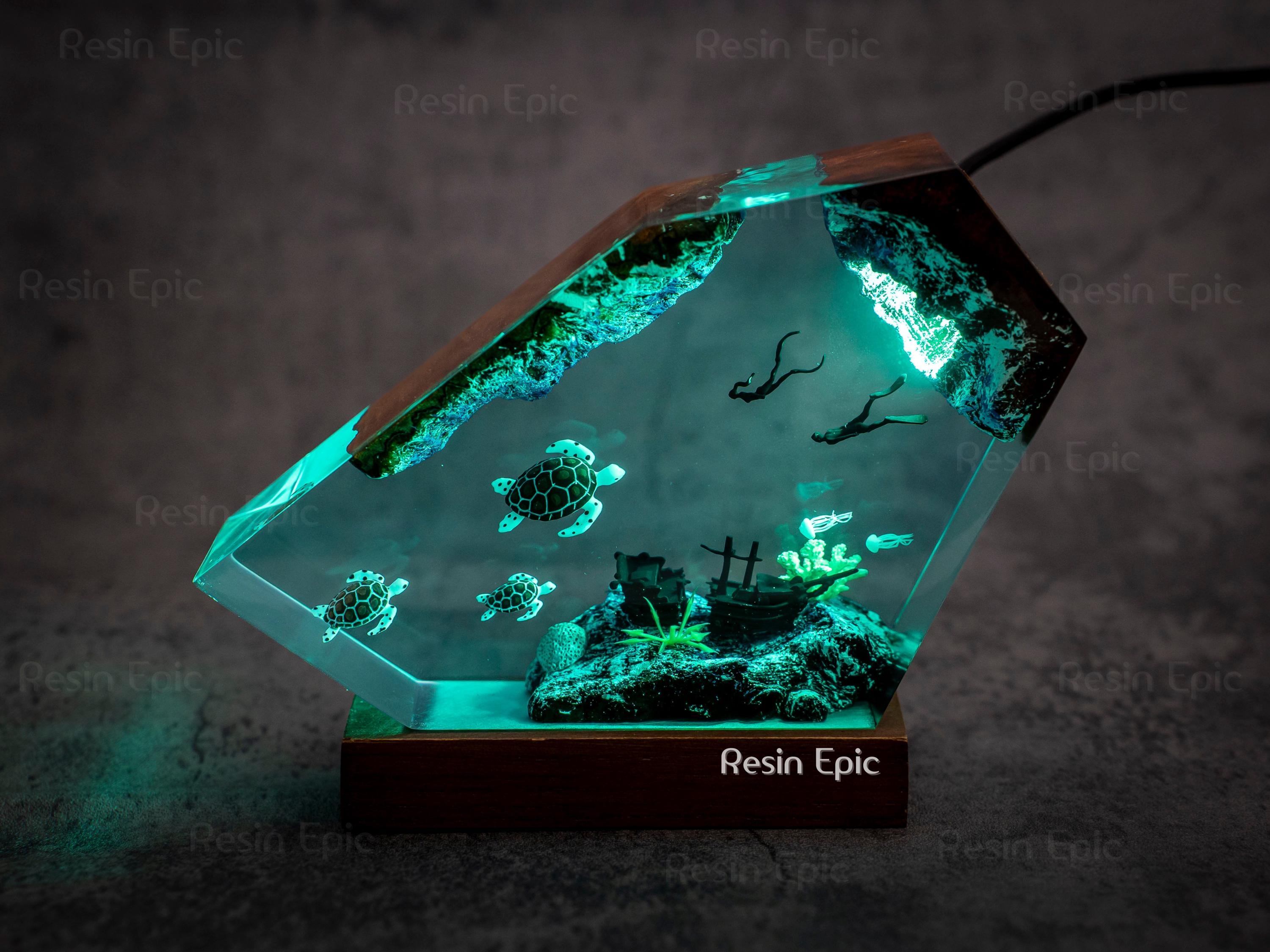 Turtle family and coral reef epoxy Resin Night Light - Handmade Ocean Decor, christmas gift