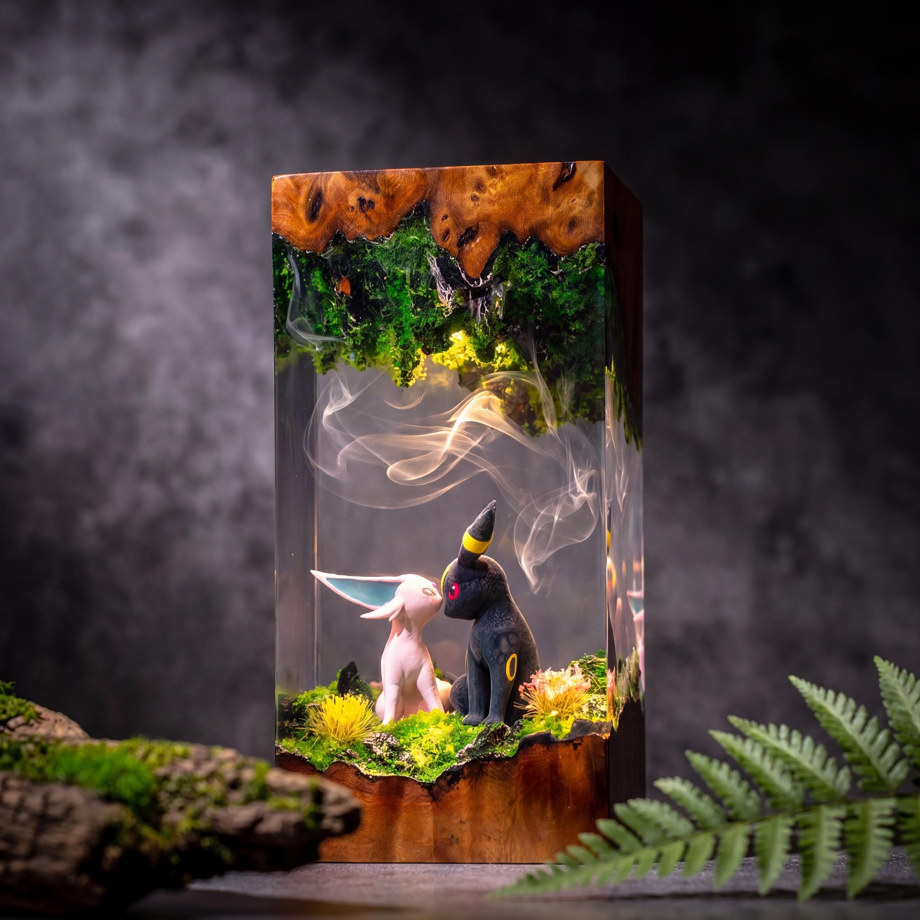Pokemon epoxy wood lamp, Espeon umbreon resin lamp, pokemon gift, pokemon figure, gift for mom, resin night light