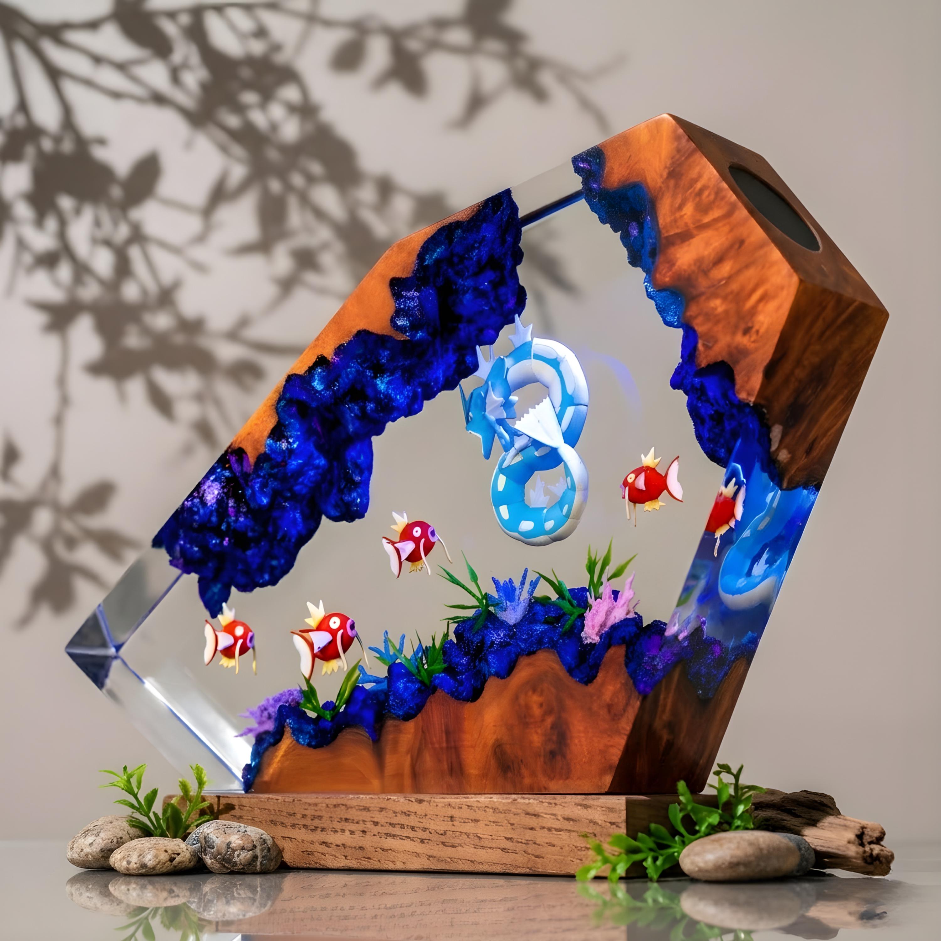 Magikarp Gyarados Evolution Resin Lamp, Pokemon Night Light, gift for kids, Handmade Epoxy Diorama Fantasy gifts, mothet's day