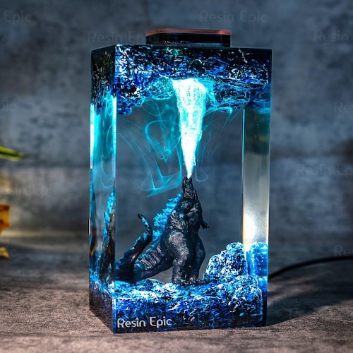 Handmade Beast Diorama Lamp – Epoxy Resin Night Light, Godzilla
