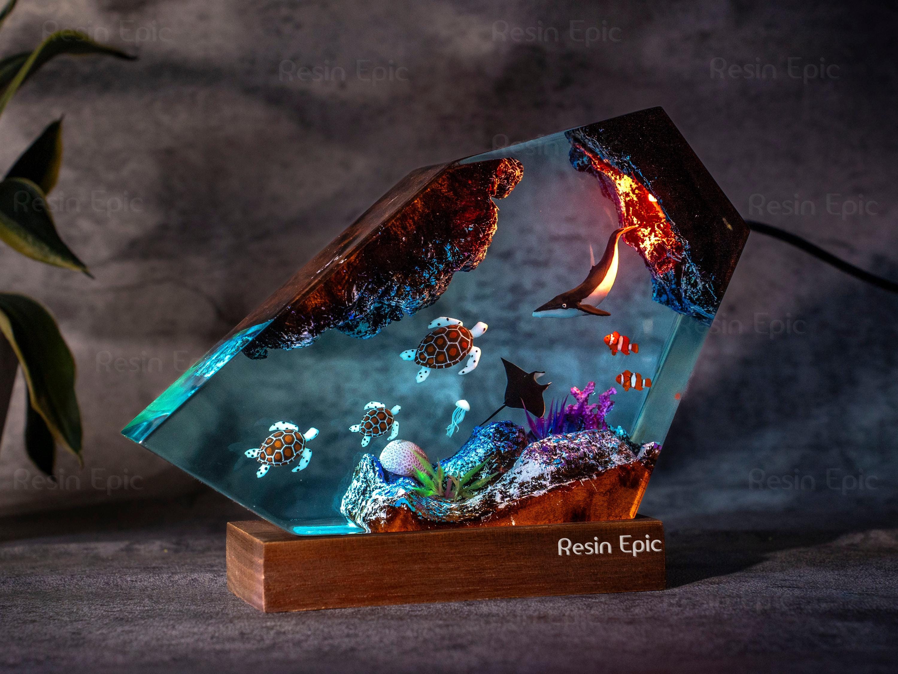 Humpback Whale Resin Ocean Lamp with Sea Turtles – Handmade Night Light with Coral Reef,  Manta Rays – Coastal Decor Gift for Ocean Lovers
