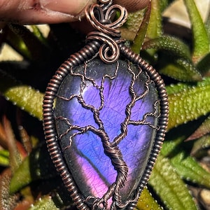 Copper Wire Wrapped &quot; Tree of Life &quot; Pendant with Purple Labradorite Cabochon