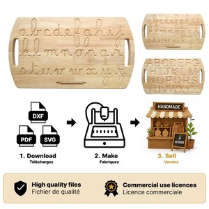 Könnte beinhalten: Ein helles hölzernes Alphabet-Nachspurbrett mit eingravierten Klein- und Großbuchstaben. Das digitale Produkt enthält DXF-, PDF- und SVG-Dateien zur Herstellung, dargestellt durch Symbole für das Herunterladen, Herstellen und Verkaufen.
