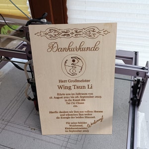 Urkunde, Holz, personalisiert, Andenken, Dank, Geschenk für Geburtstag, Verabschiedung, Ehrentag, Beschriftung nach Wunsch, Jubiläum, Kurs
