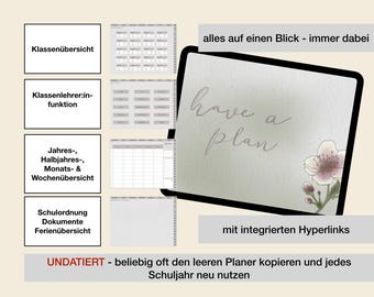 Puede incluir: Planificador digital para profesores con secciones para la descripción general de la clase, la función del profesor y las vistas anuales, mensuales y semanales. El planificador presenta el texto "have a plan" y un diseño floral. El planificador no está fechado.