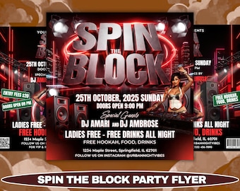 Spin The Block Party Flyer Template, Editable Canva Club Flyer, Gemini Zodiac Party Invite, DJ Event Marketing Flyer, Birthday Bash Poster