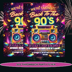 Könnte beinhalten: Ein farbenfrohes Flyer für eine 90er-Jahre-Party. Das Design zeigt eine gelbe Boombox mit rosa und blauen Akzenten, vor einem farbenfrohen Hintergrund mit dem Text "We're Taking It Back To The 90's". Party-Details enthalten.